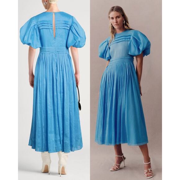 Aje Sylvia Dress Pintuck Midi Puff Sleeve Silk Linen Pleated Azure Blue Size 2 - Picture 1 of 15